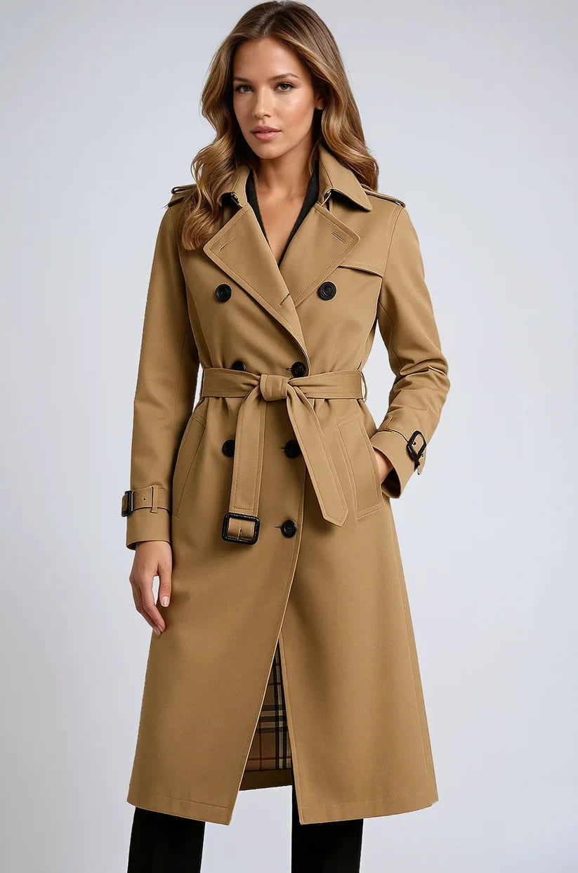 Zijaanzicht van beige trenchcoat met double-breasted knoopsluiting en tailleceintuur voor dames