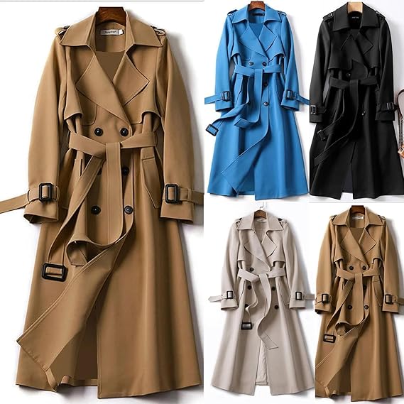 Volledige lengte foto van dames trenchcoat met ceintuur en steekzakken