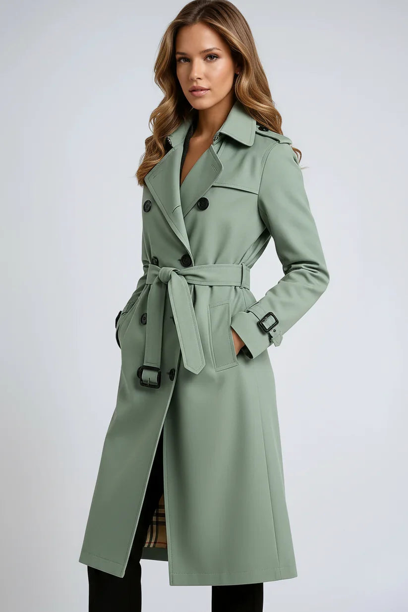 Volledige lengte foto van lange trenchcoat met ceintuur en geruite voering