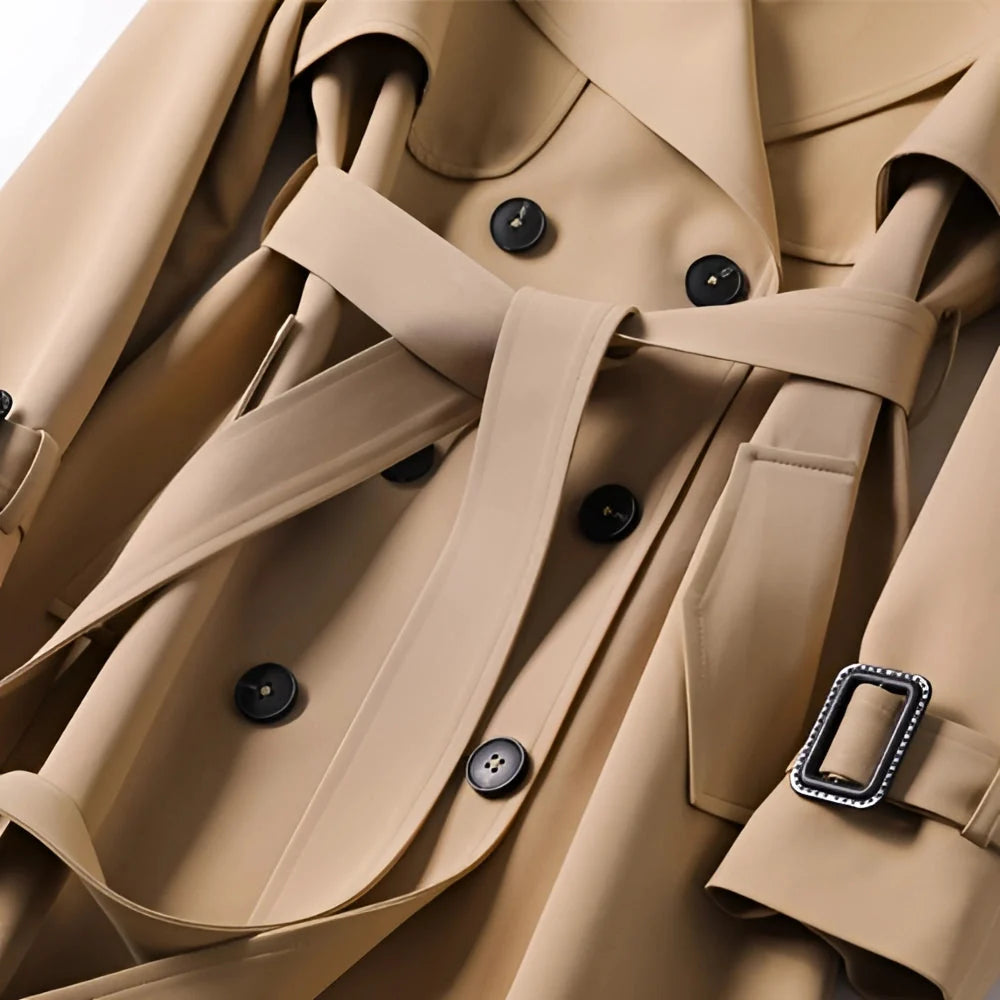 Detail van tailleceintuur en getailleerde pasvorm op lange beige trenchcoat