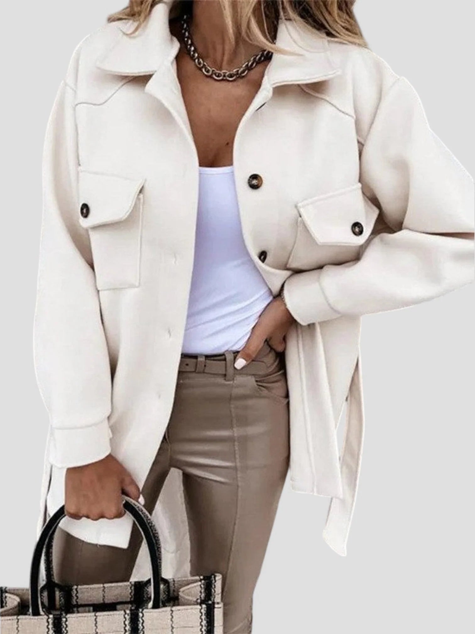 Beige dames shacket met gestructureerde stof en casual silhouet