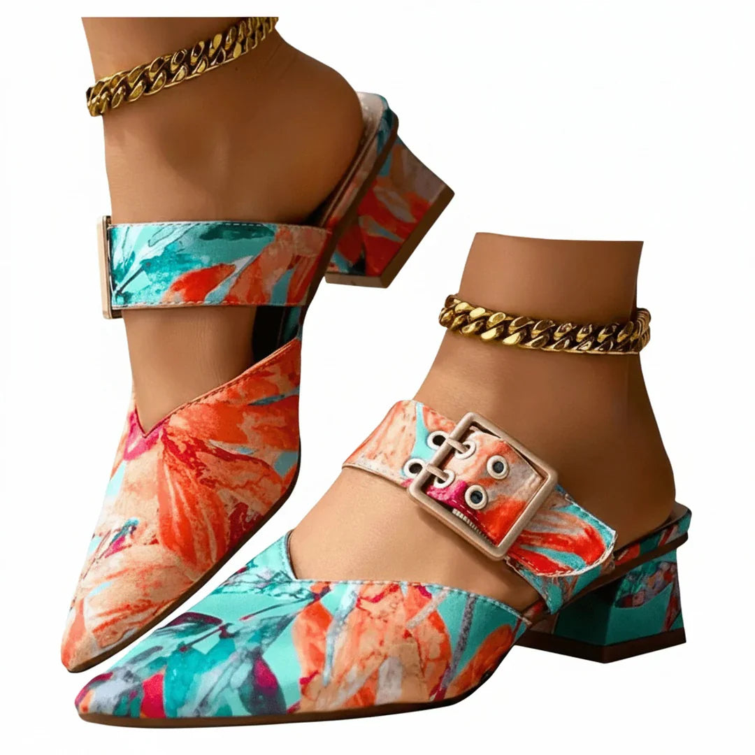 Liv | Dames Pumps Bloemenprint Enkelbandje Blokhak