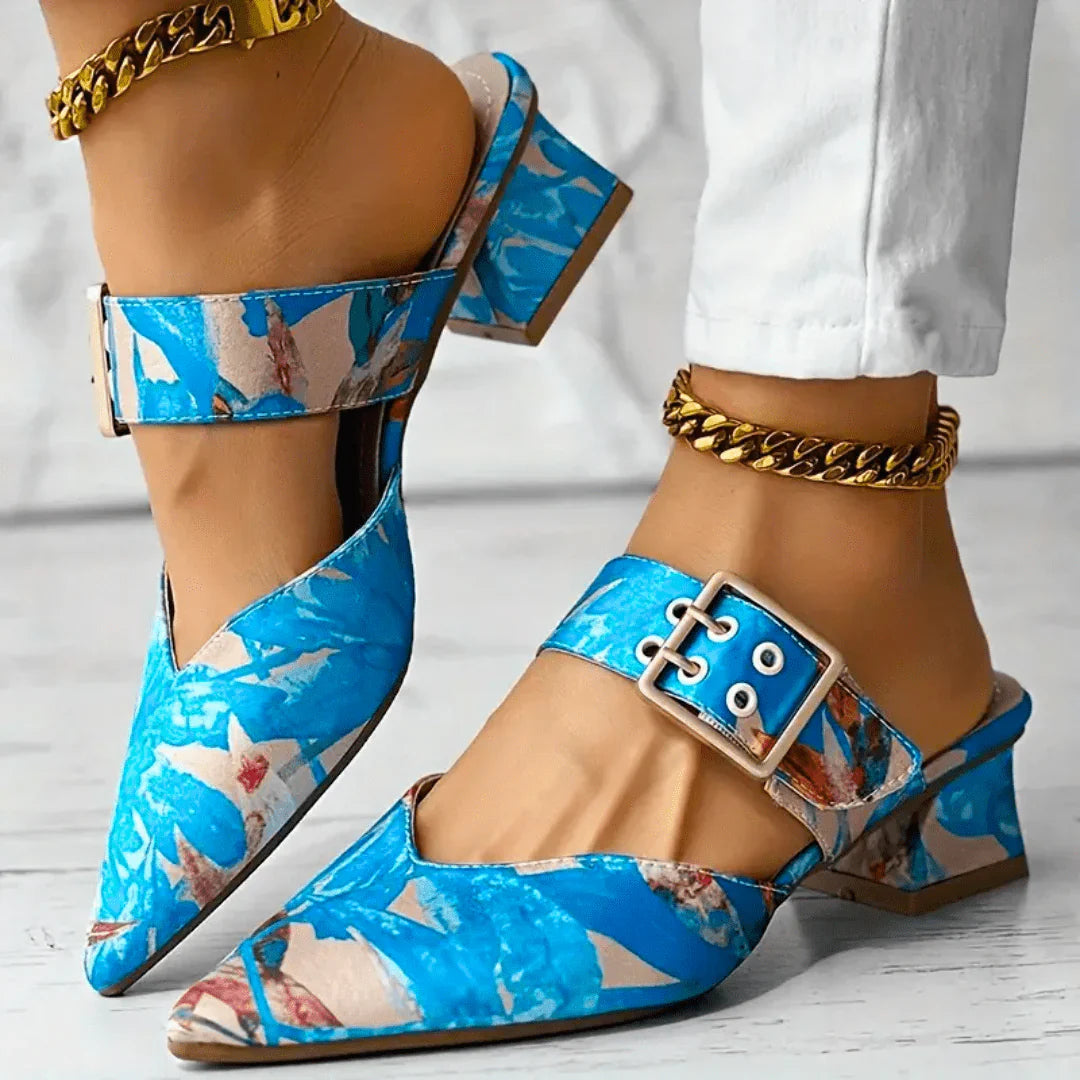 Liv | Dames Pumps Bloemenprint Enkelbandje Blokhak