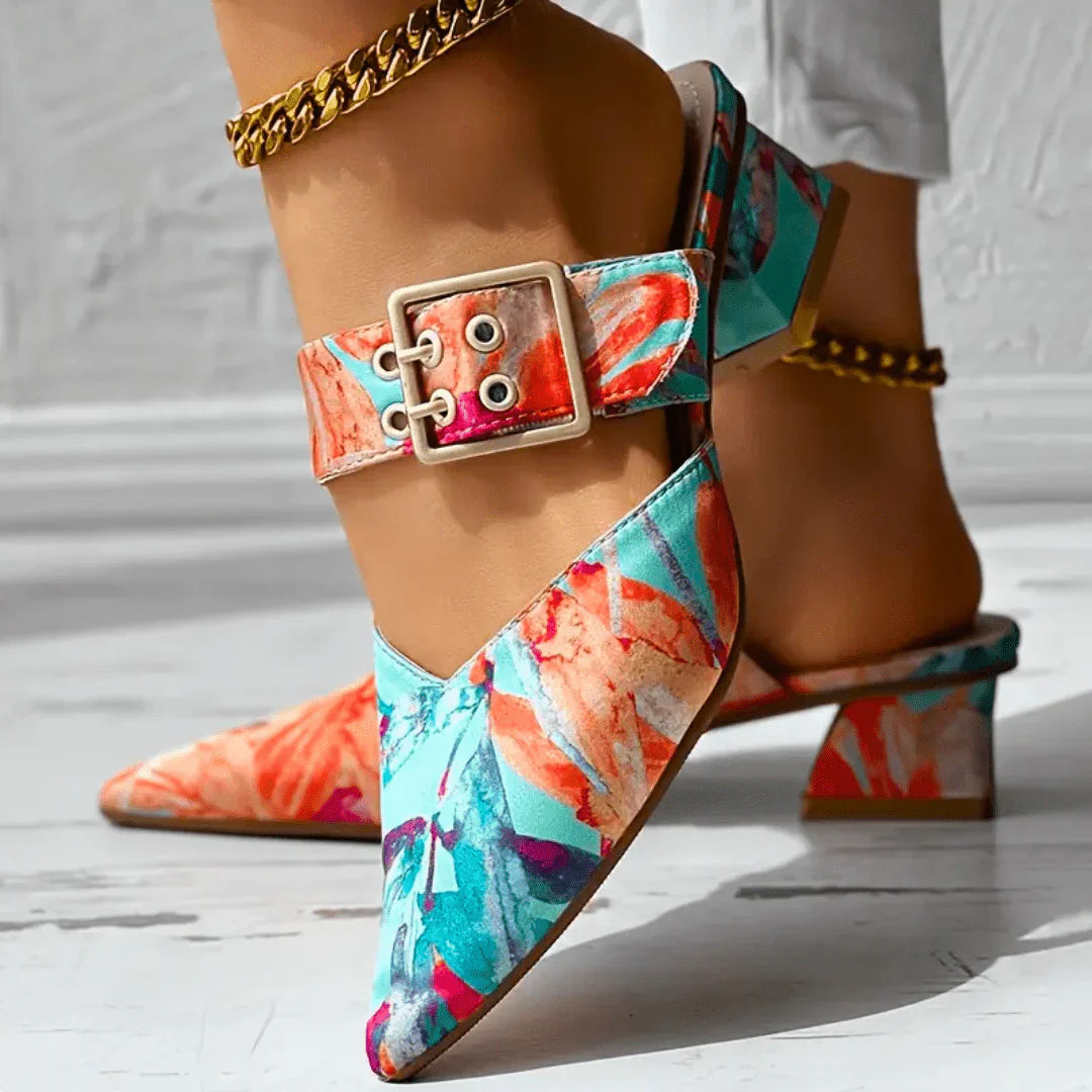 Liv | Dames Pumps Bloemenprint Enkelbandje Blokhak