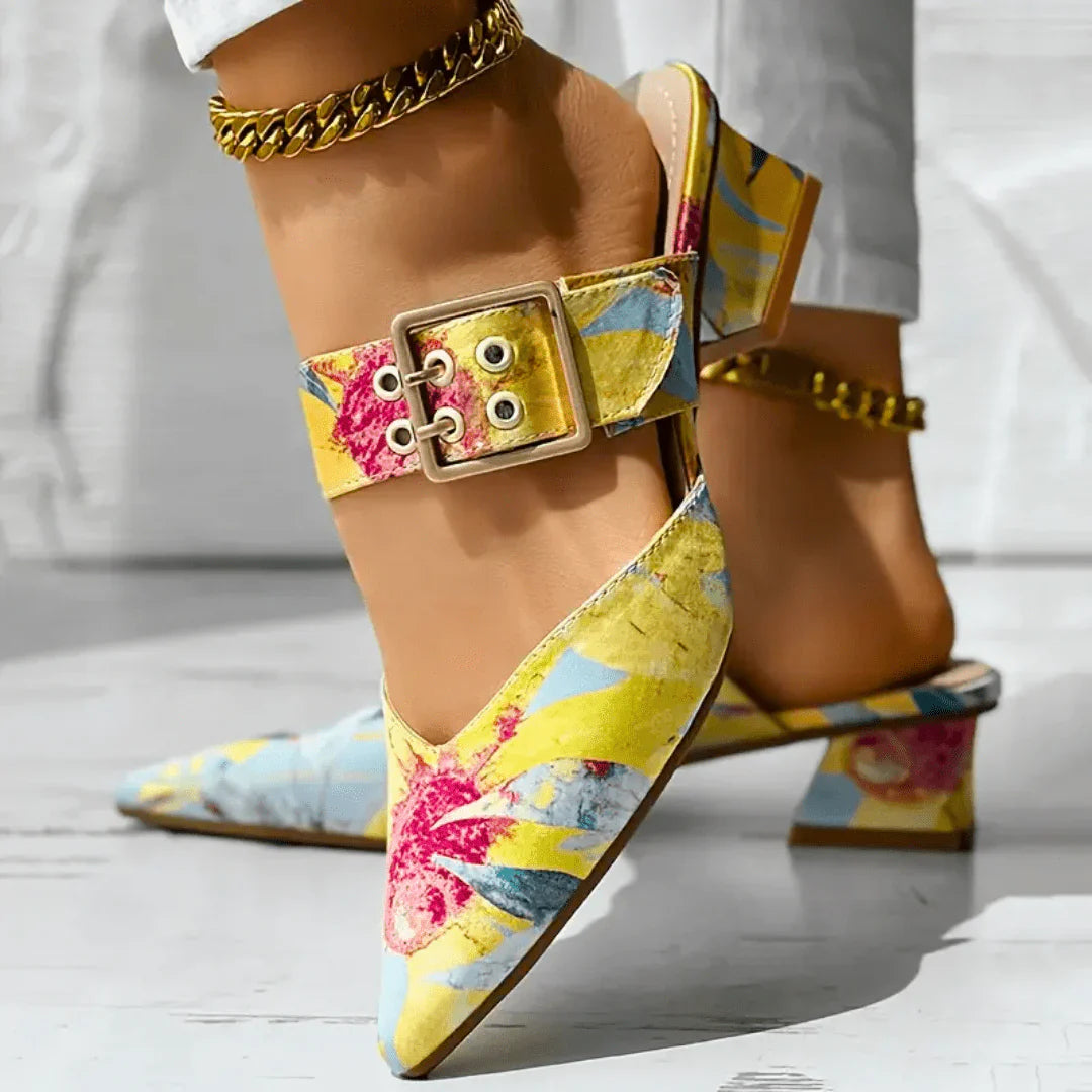 Liv | Dames Pumps Bloemenprint Enkelbandje Blokhak