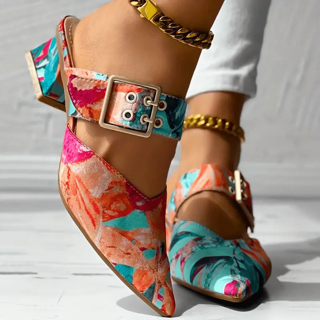 Liv | Dames Pumps Bloemenprint Enkelbandje Blokhak Oranje