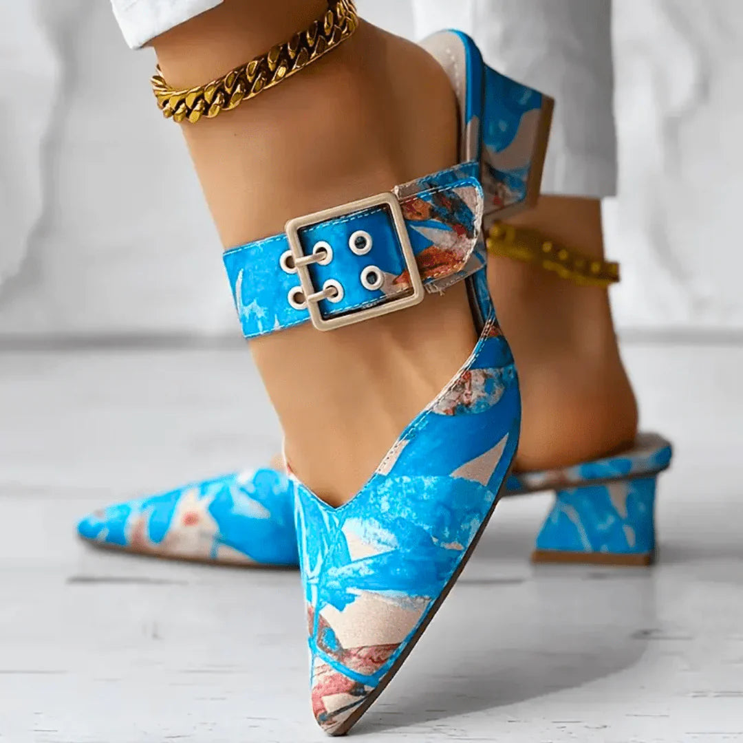 Liv | Dames Pumps Bloemenprint Enkelbandje Blokhak Blauw
