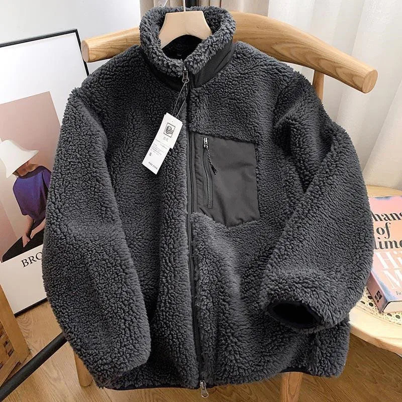 Relaxed fit teddy fleece jas in neutrale crème tint met staande kraag