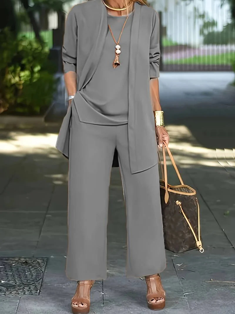Zwarte elegante driedelige set met vest, top en wijde broek voor dames