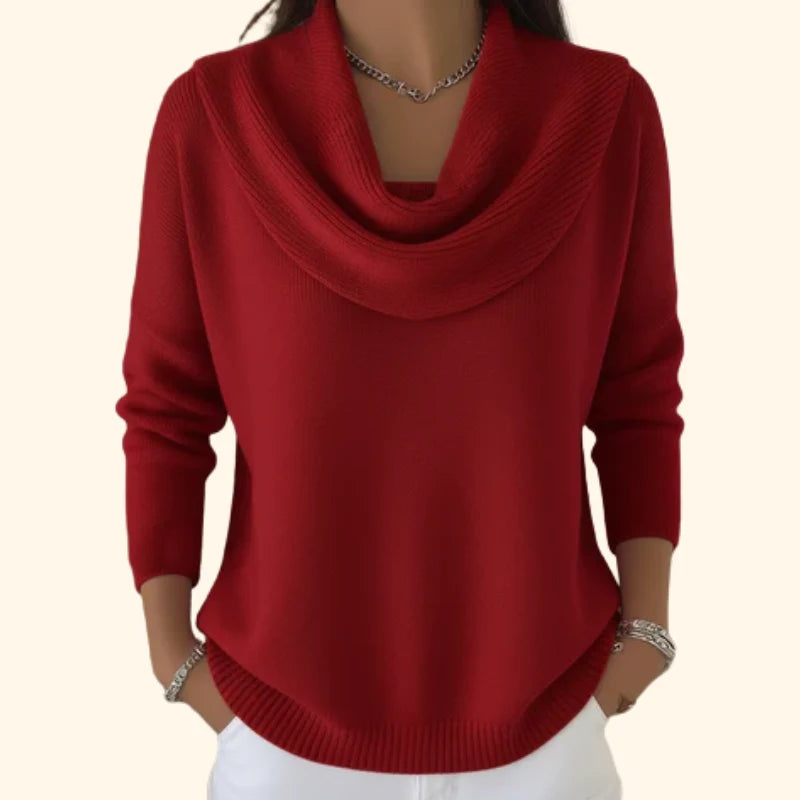 Rode dames trui met kraag in zachte gebreide stof met elegante gedrapeerde halslijn en ontspannen pasvorm voor dagelijks comfort