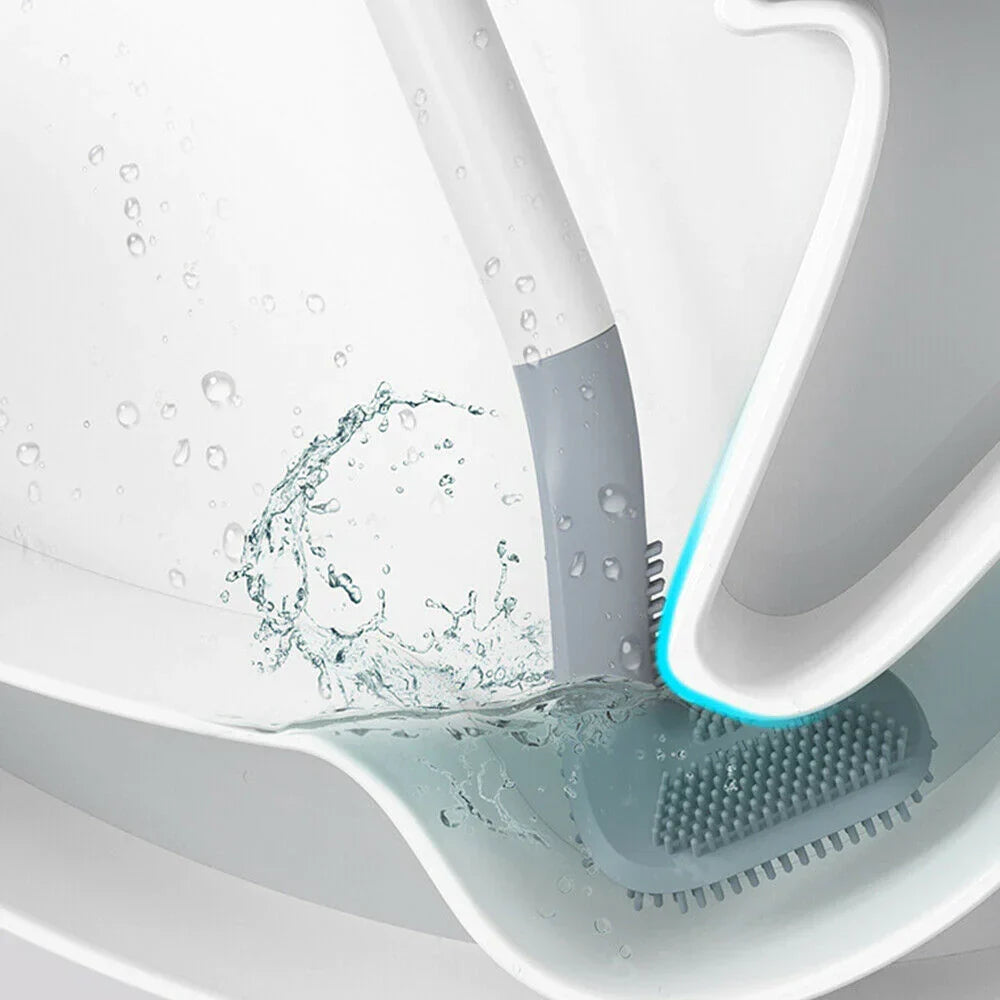 Slimme hygiënische toiletborstel met L-vormige kop en siliconen borstelharen voor grondige reiniging onder de spoelrand