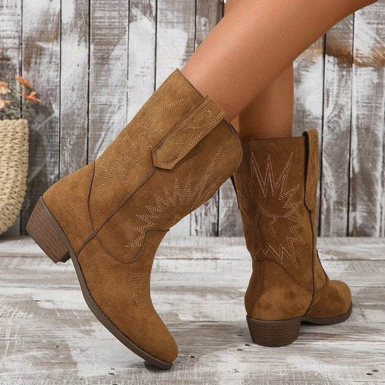 Detail van de schacht van Dames Cowboy Enkellaarzen met traditionele cowboy stiksels en zachte textuur