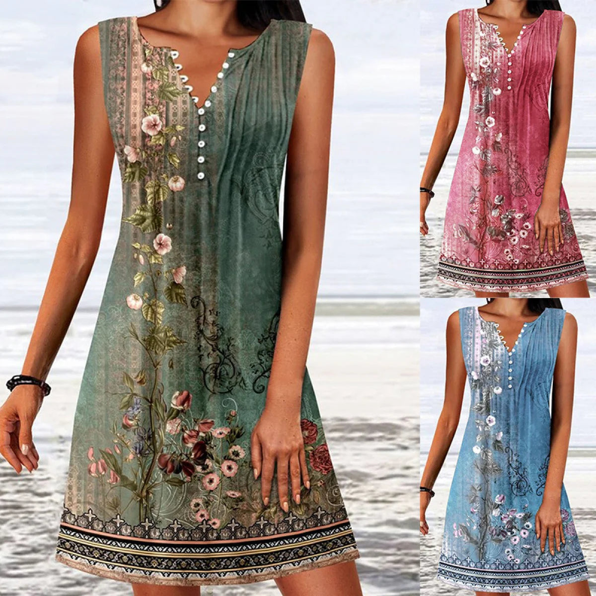Groene zomerjurk met bloemenprint en V-hals gedragen op het strand met decoratieve zoom