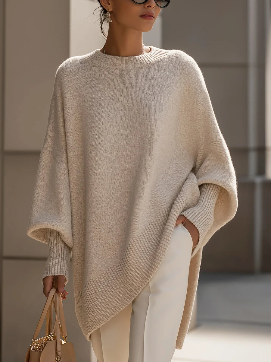 Dames Elegante Casual-Pullover in beige met oversized pasvorm en geribbelde details voor een moderne look