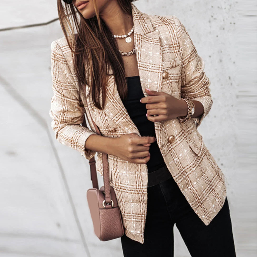 Dames blazer in geruite tweed stof met getailleerde pasvorm en zachte textuur