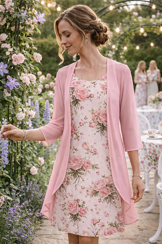 Chiffon jurk set in saliegroen met bloemenprint, ideaal voor vakantie en zomerse uitjes
