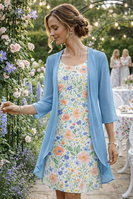 Twee-delige dames set met vloeiende bloemenprint jurk en open cardigan laag