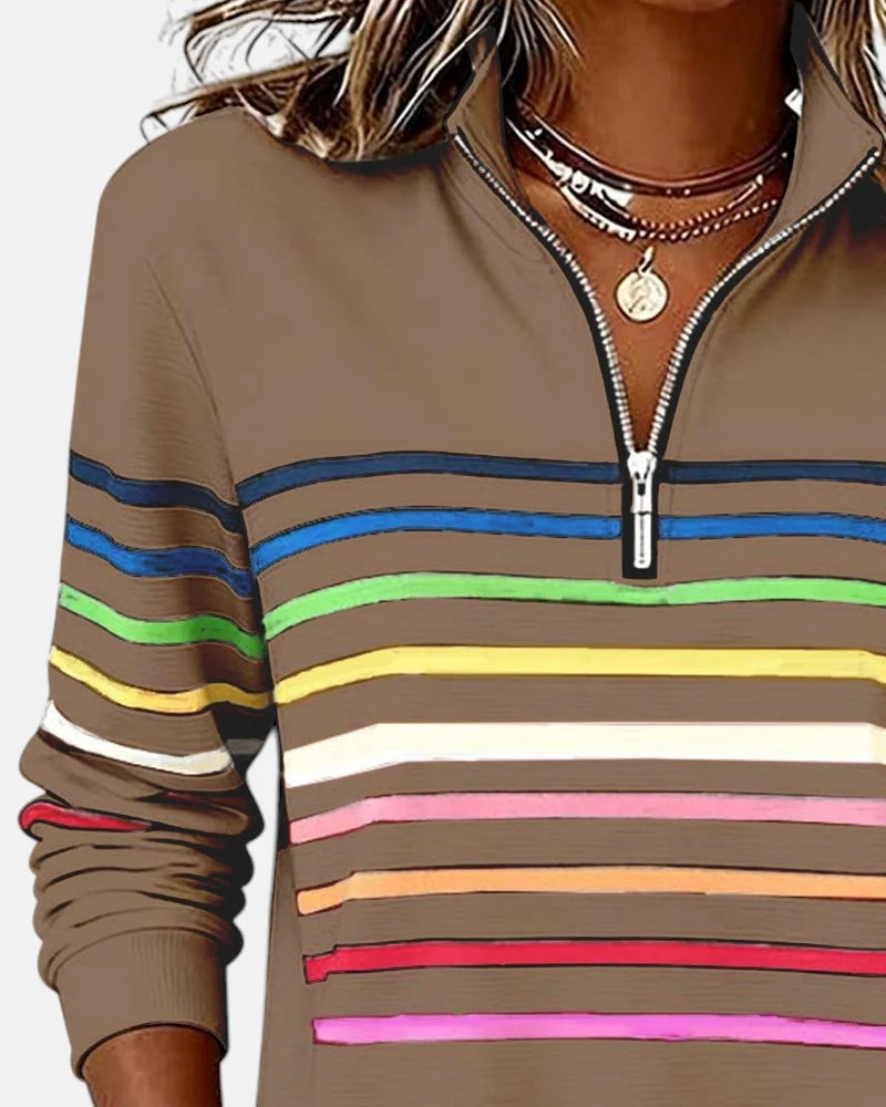 Gestreepte ritstrui voor vrouwen met verstelbare halslijn gecombineerd met casual outfit