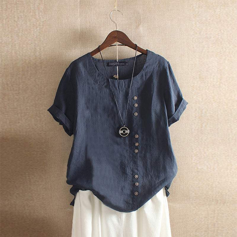 Marit | Dames Linnen Blouse Korte Mouw Blauw