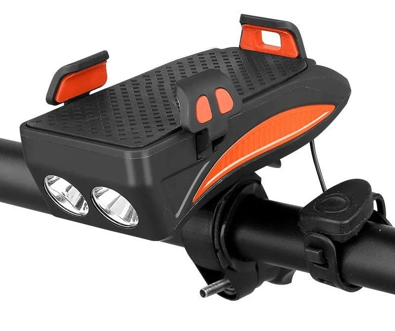 Volledige set FietsPro 4-in-1 Telefoonhouder, Powerbank, Verlichting & Claxon met alle componenten zichtbaar