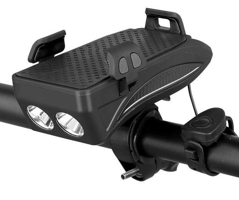 Close-up van FietsPro 4-in-1 met 4000 mAh accu en oplaadpoort voor smartphone tijdens het fietsen