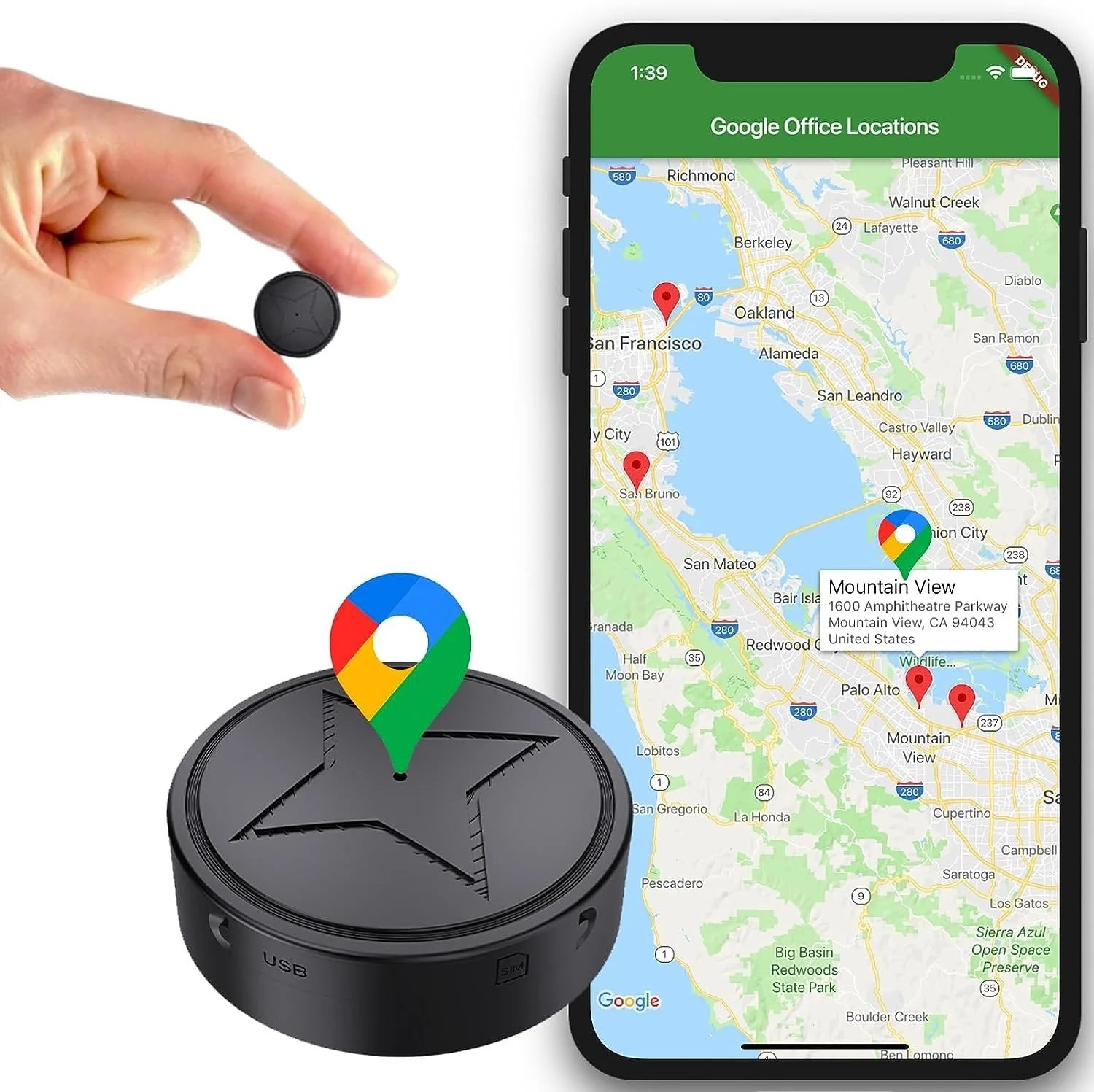 GPS tracker met sterke magneet naast smartphone met Google Maps locatie-overzicht en oplaadstation