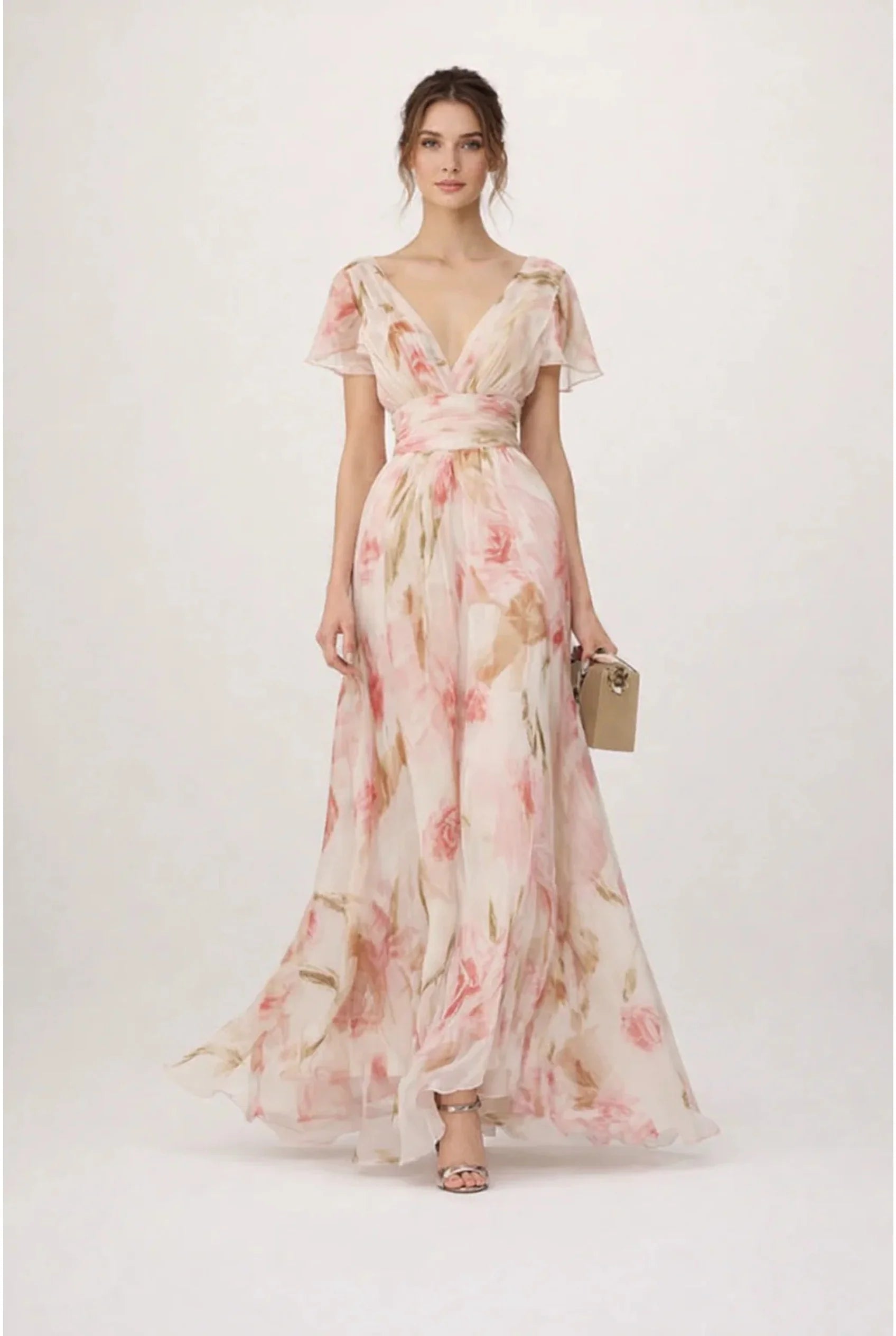 Vloeiende maxi jurk met romantische bloemenprint, geplooide tailleband en gelaagde rok voor feestelijke gelegenheden