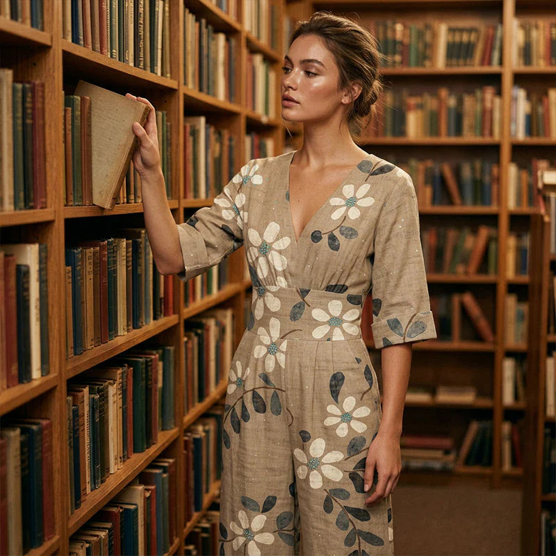 Vrouw toont natuurlijke pasvorm van V-hals maxi jurk met botanische print