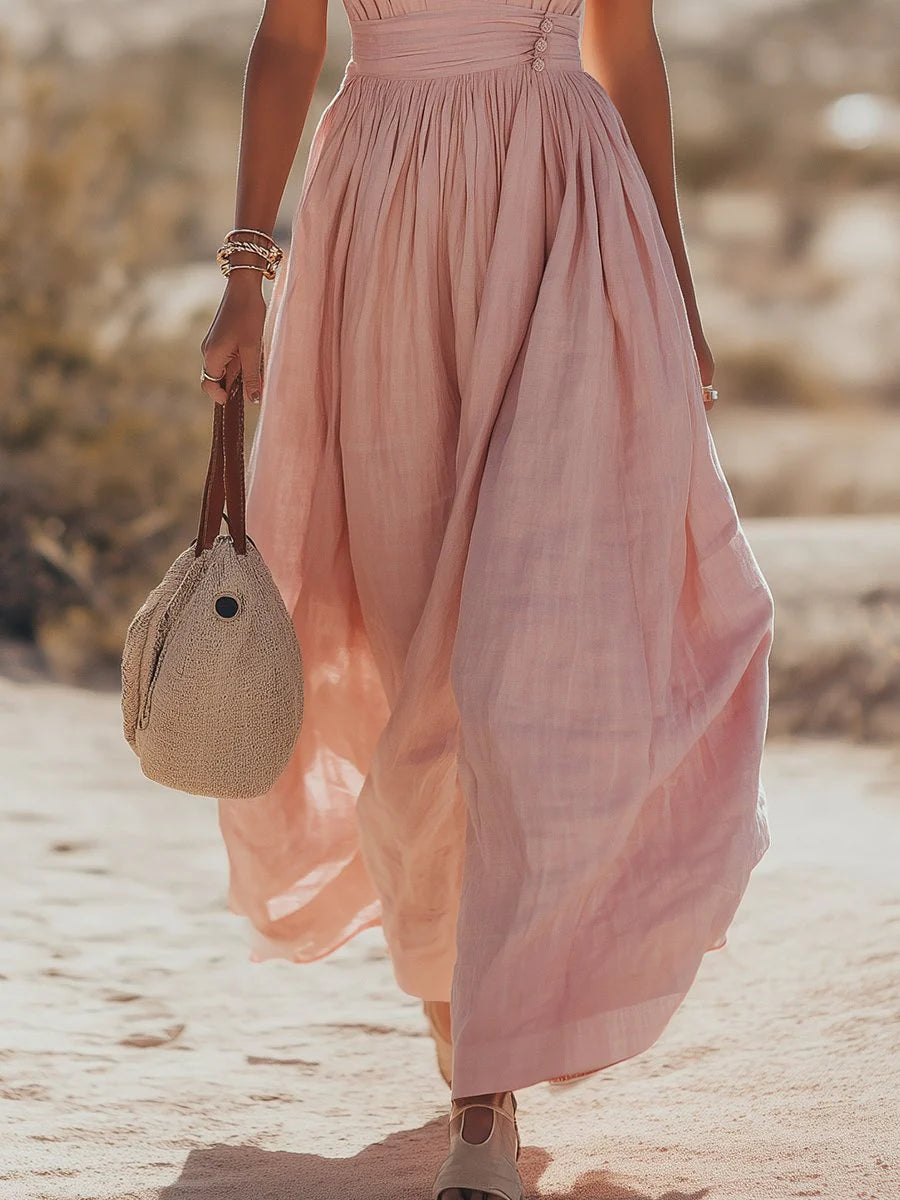 Mila | Dames Boho Linnen Halter Maxi Jurk Mouwloos