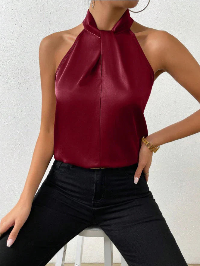 Mila | Dames Halter Top met Knoopdetail Donkerrood