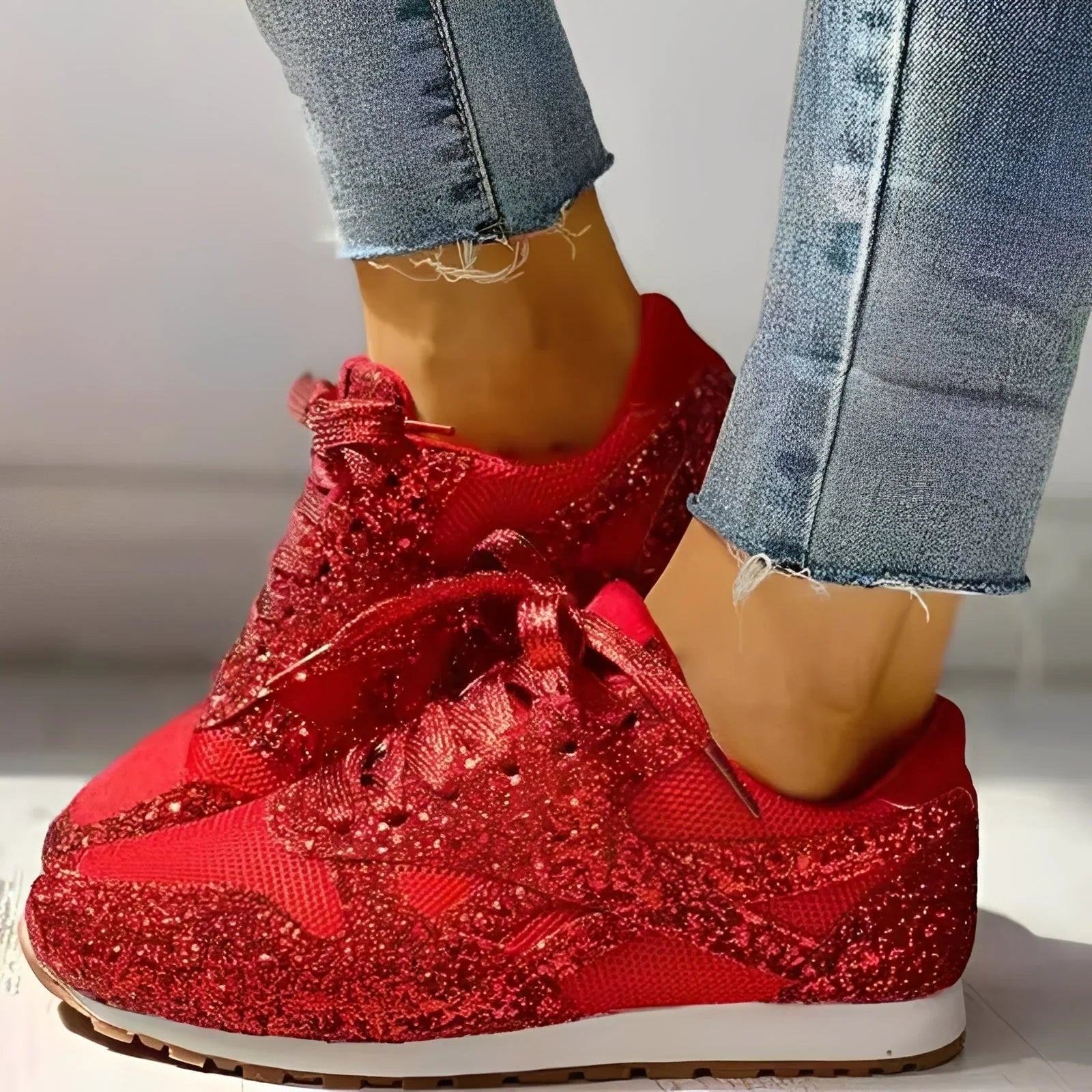 Noor | Dames Glitter Sneakers Rood