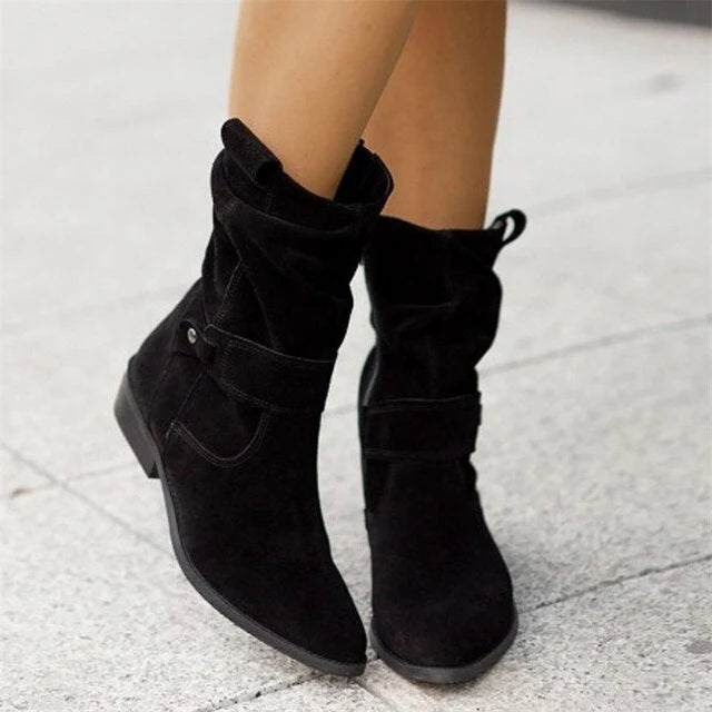Achteraanzicht van dames mid-calf laarzen met zijrits en lage houtlook blokhak