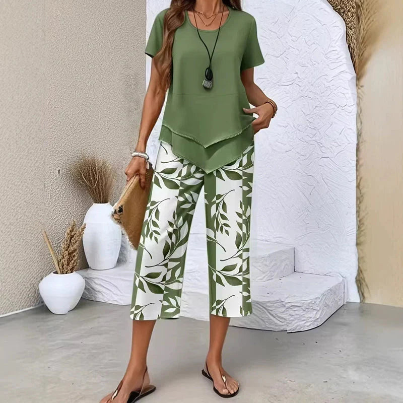 Casual dames tweestukken set met korte mouwen top en geprinte broek tot onder de knie