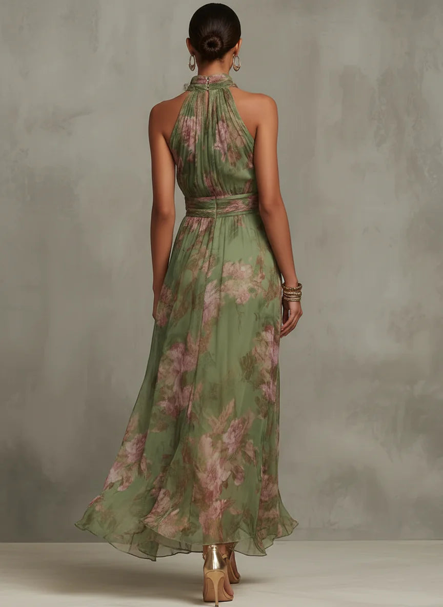 Volledige lengte maxi jurk met A-lijn silhouet en vloeiende rok met bloemenprint patroon
