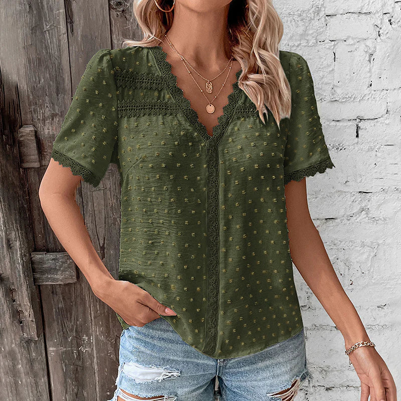 Nora | Dames Blouse Met Kantdetails En Korte Mouwen Legergroen