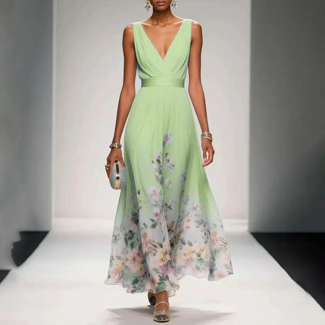 Zijaanzicht van mouwloze maxi jurk met A-lijn silhouet en bloemen aan de zoom