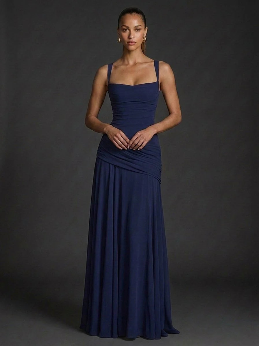 Robin | Dames Vierkante Hals Mouwloze Gerimpelde Maxi Jurk Donkerblauw