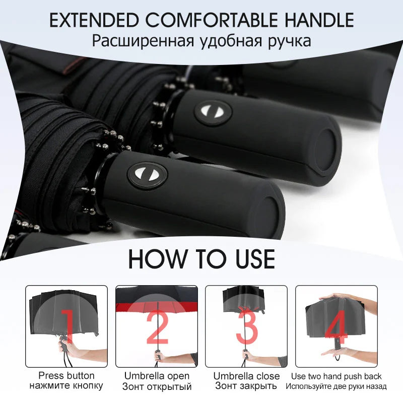 Zwarte paraplu met rode strepen en ergonomische handgreep voor comfortabel vasthouden