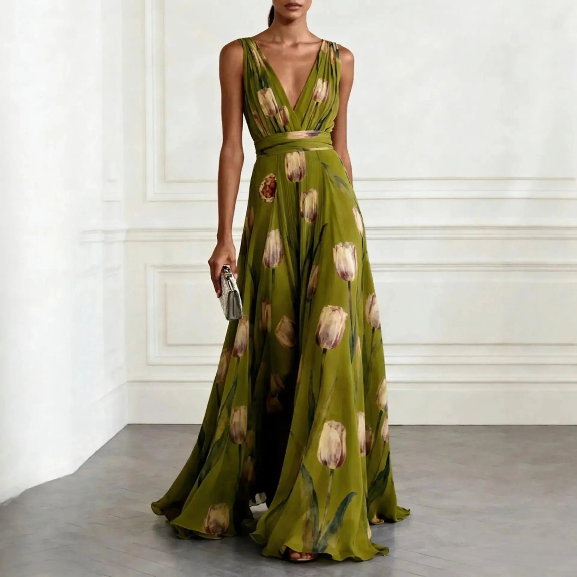 Saar | Dames Bloemen Tulp V-hals Chiffon Maxi Jurk Groen