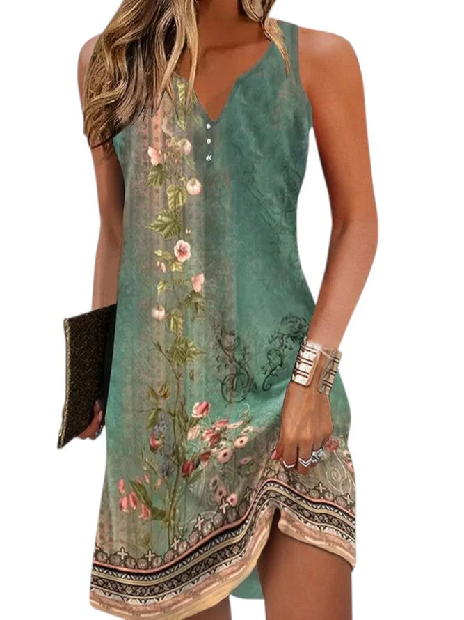 Mouwloze zomerjurk met bloemenprint en V-hals in groene tinten voor dames