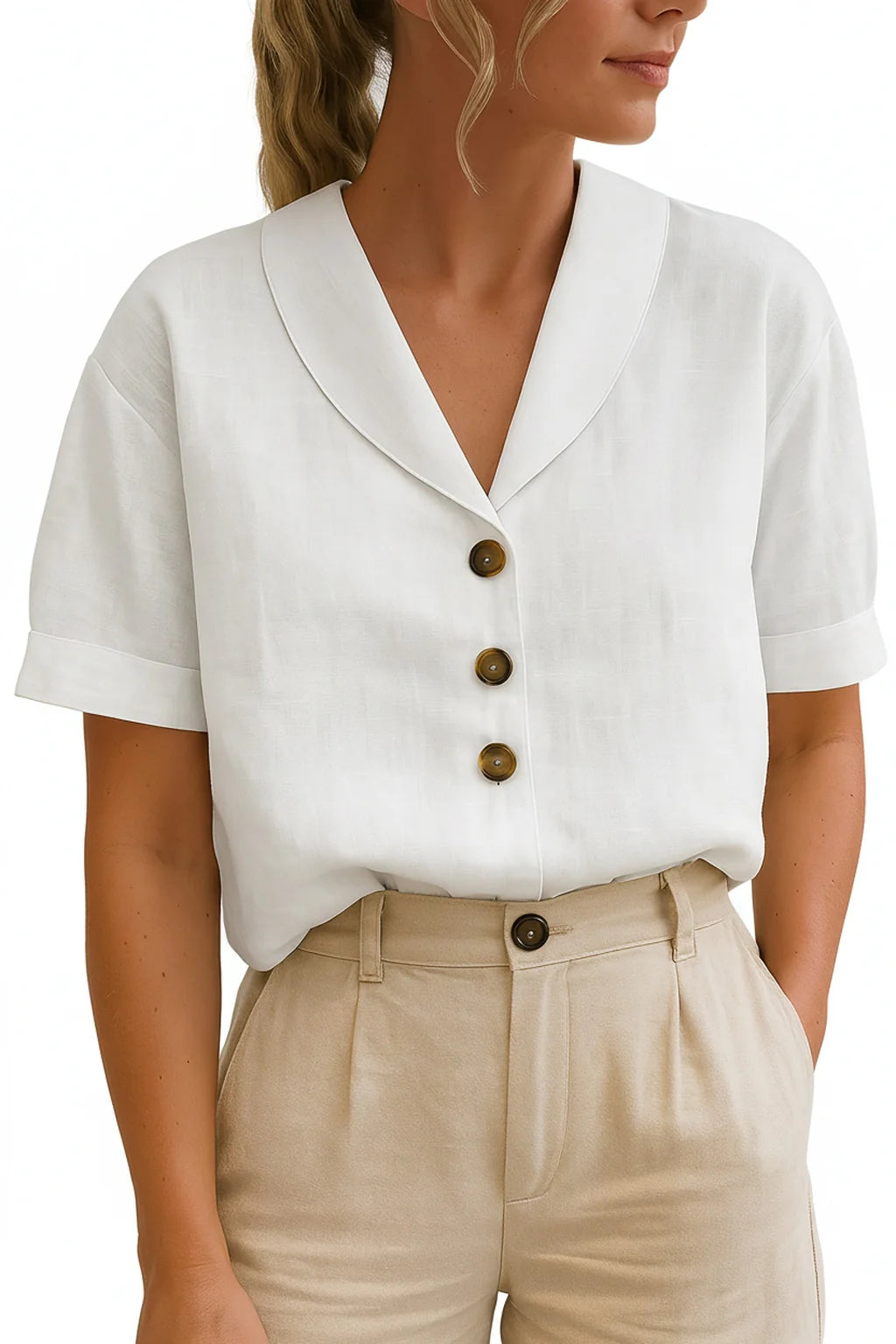 Dames blouse met korte mouw en brede V-hals met knoopsluiting aan de voorkant gedragen met beige broek