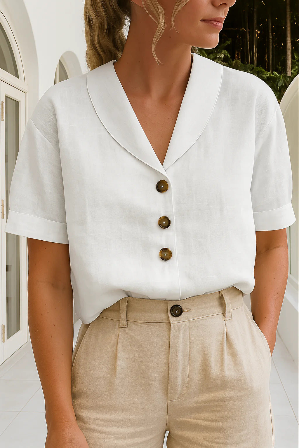 Close-up van dames blouse met sjaalrevers en drie knopen detail voor verfijnde uitstraling
