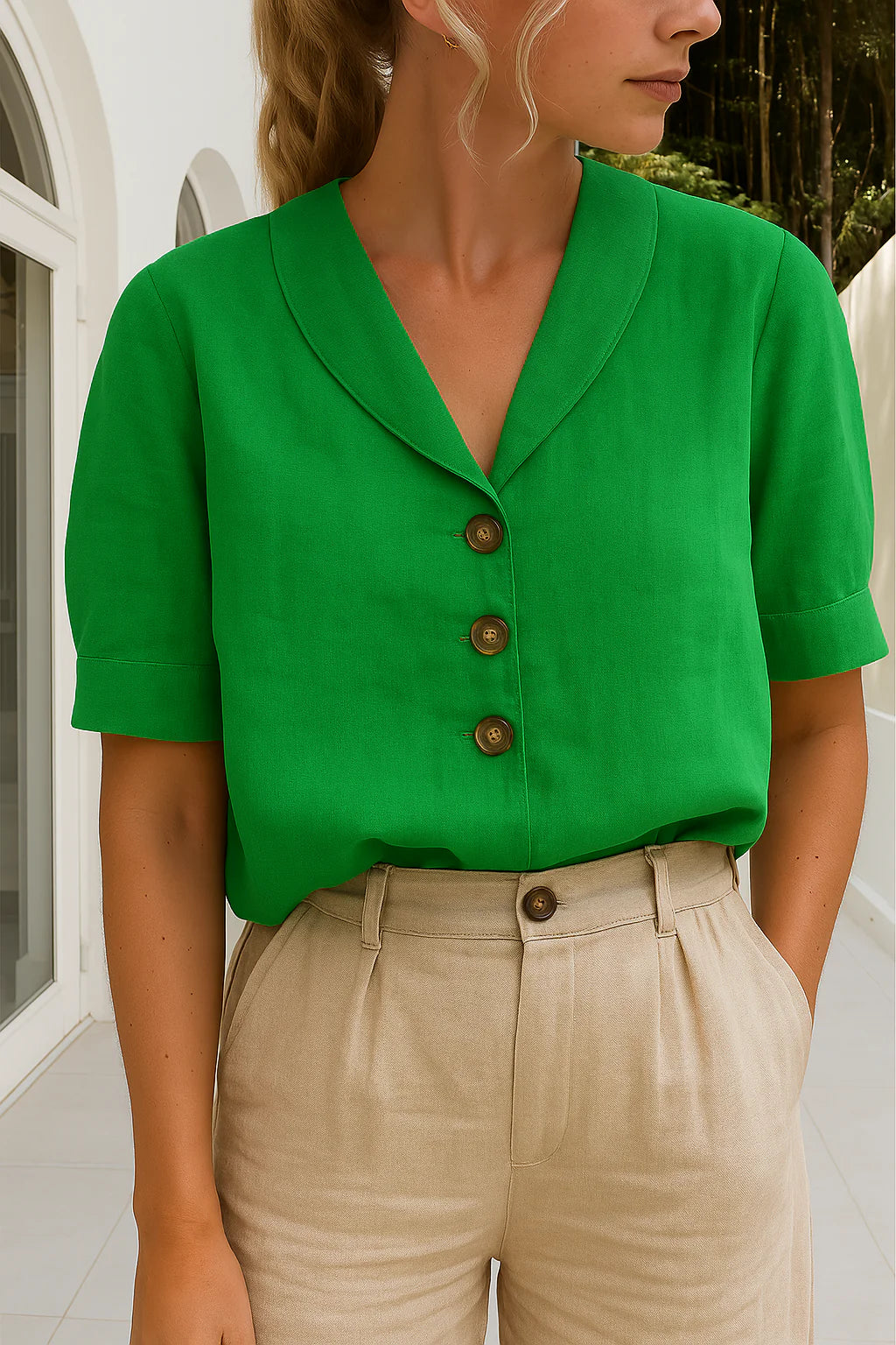 Zijaanzicht dames blouse korte mouw met omgeslagen manchetten en relaxte regular fit pasvorm