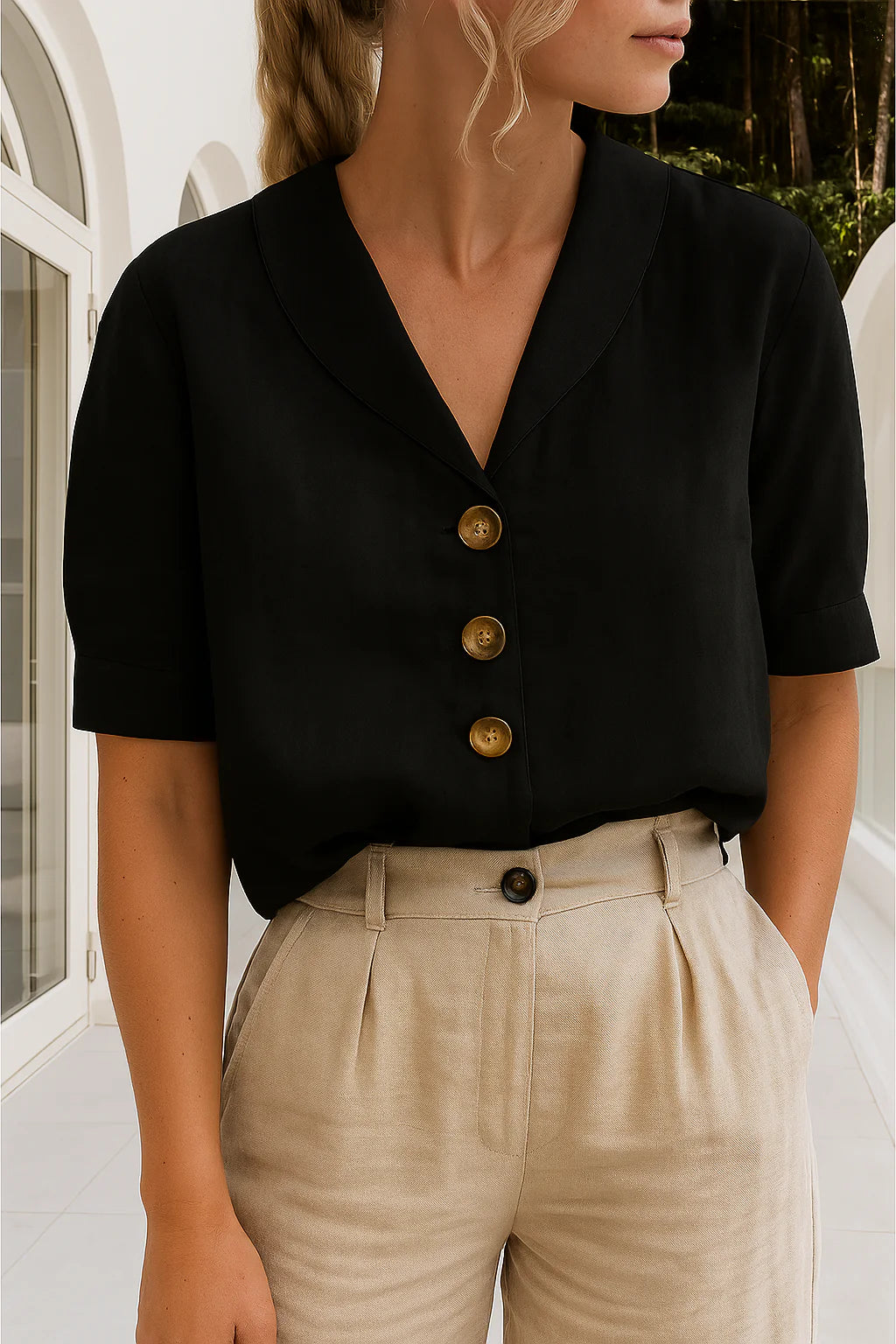 Dames blouse met knoopsluiting gedragen met hoge taille broek voor zakelijke casual look