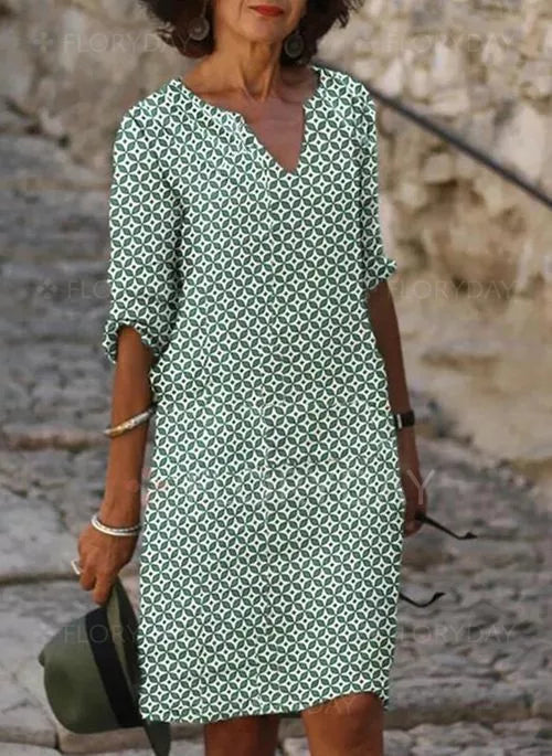 Sanne | Dames Midi Jurk met V-hals en Driekwart Mouw Groen