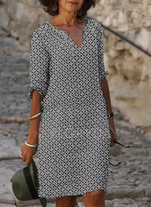 Sanne | Dames Midi Jurk met V-hals en Driekwart Mouw Grijs