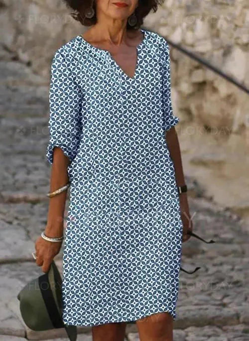 Sanne | Dames Midi Jurk met V-hals en Driekwart Mouw Blauw