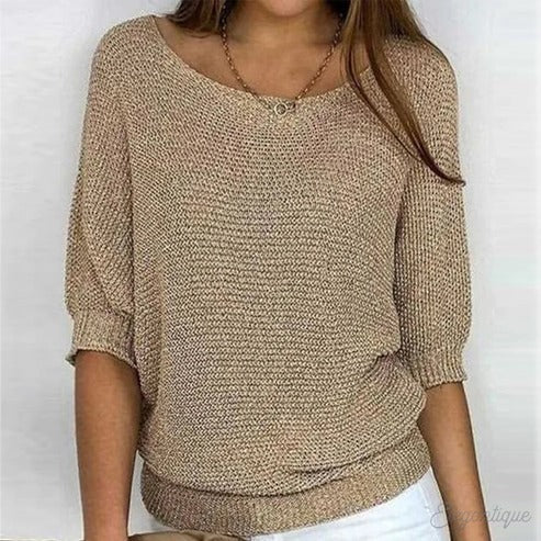 Dames Trui met Open Ronde Hals en Elegante Stijl in beige met gebreide ribbeltextuur en driekwart mouwen