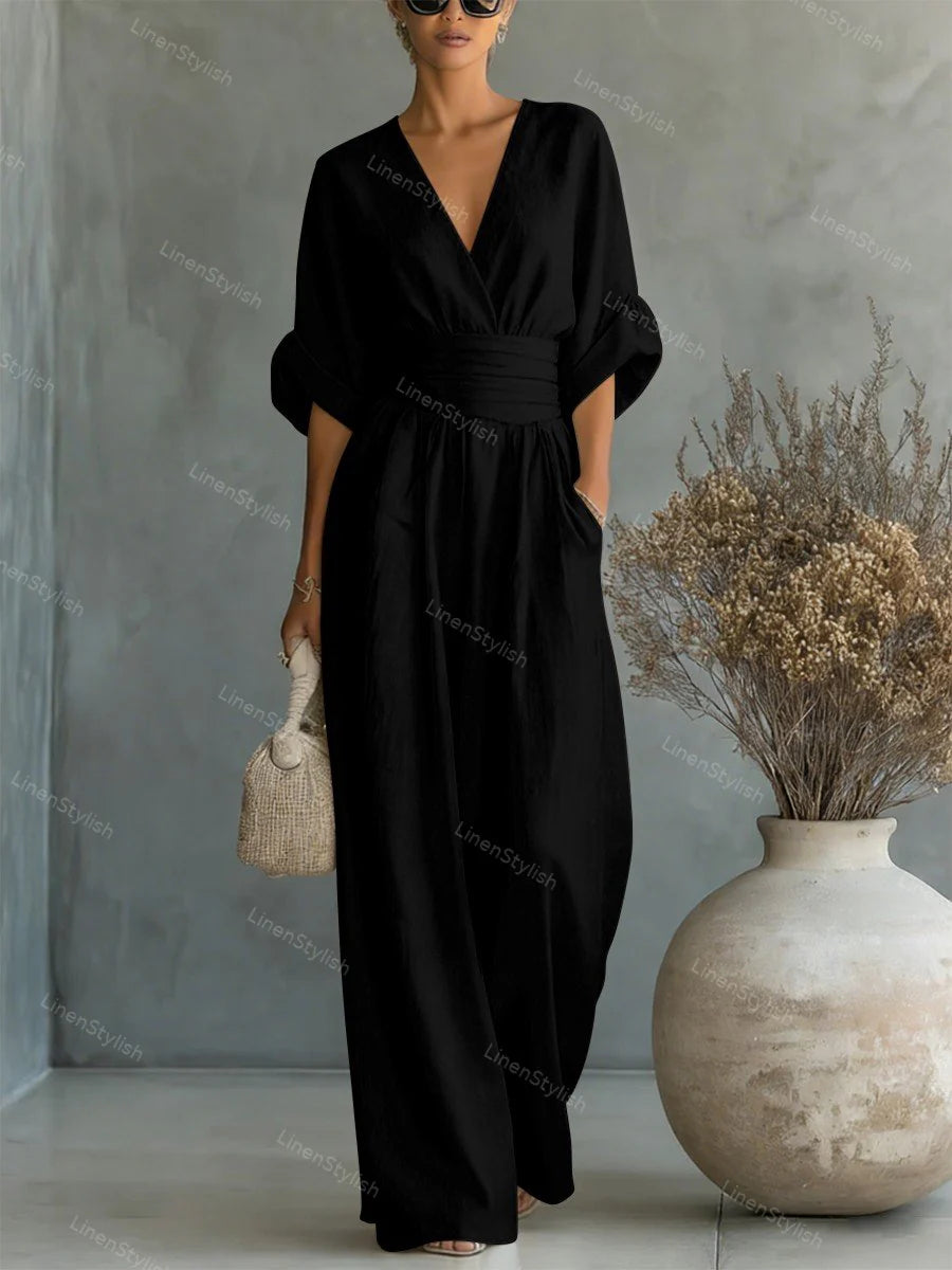 Sanne | Jumpsuit met V-Hals en Wijde Pijpen Zwart