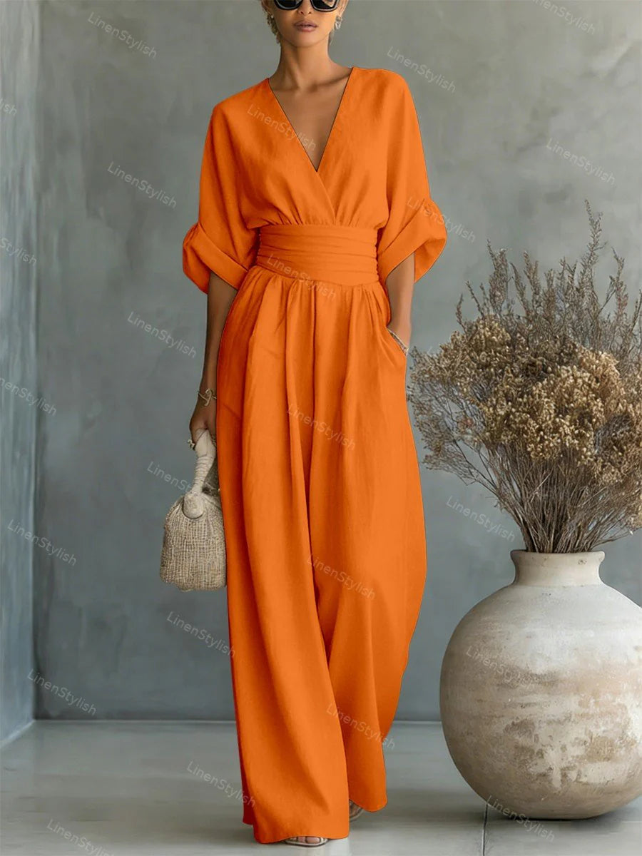 Sanne | Jumpsuit met V-Hals en Wijde Pijpen Oranje